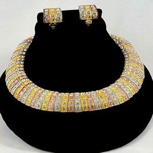 Vintage Tri-Colored Statement Choker/Collar Neclace w/ Matching Clip On Earrings